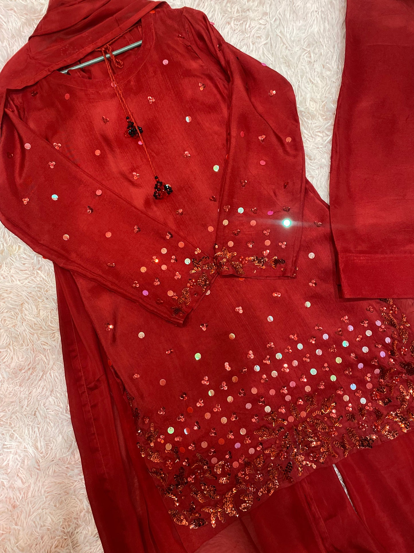 Ruby Red Pure Tussle Silk 3-Piece Ladies Suit – Hand-Embellished Shirt, Farshi Shalwar & Handmade Silk Dupatta ChoiceFabrics