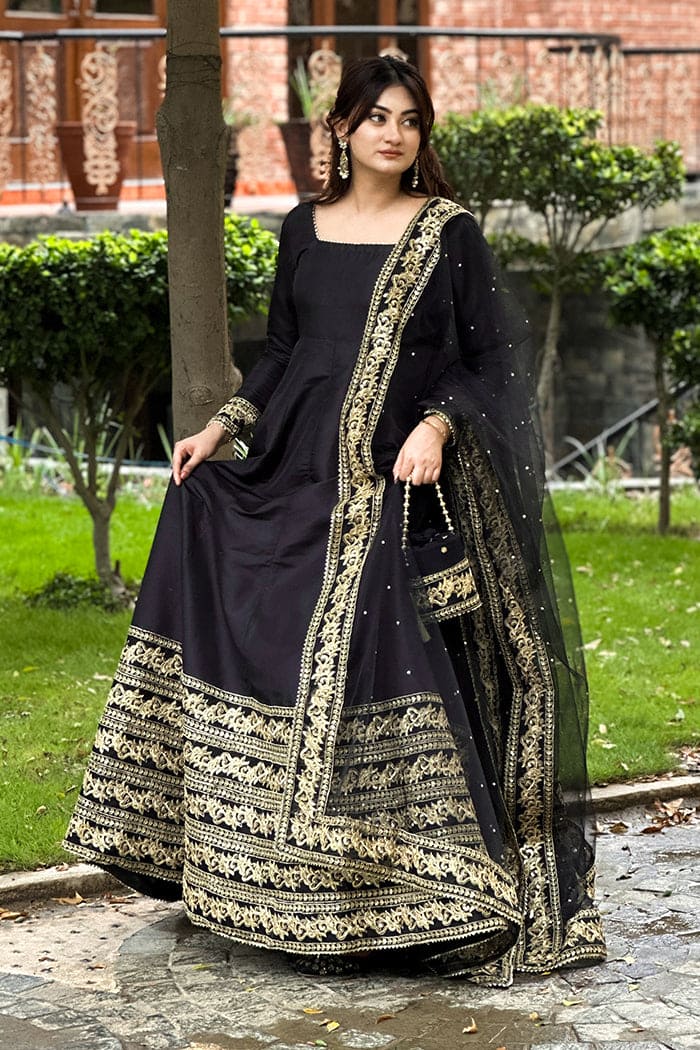 Luxury Black & Gold Embroidered Silk Kataan Suit |Maxi – Stitched 3 Piece Maxi Dress for Women - ChoiceFabrics