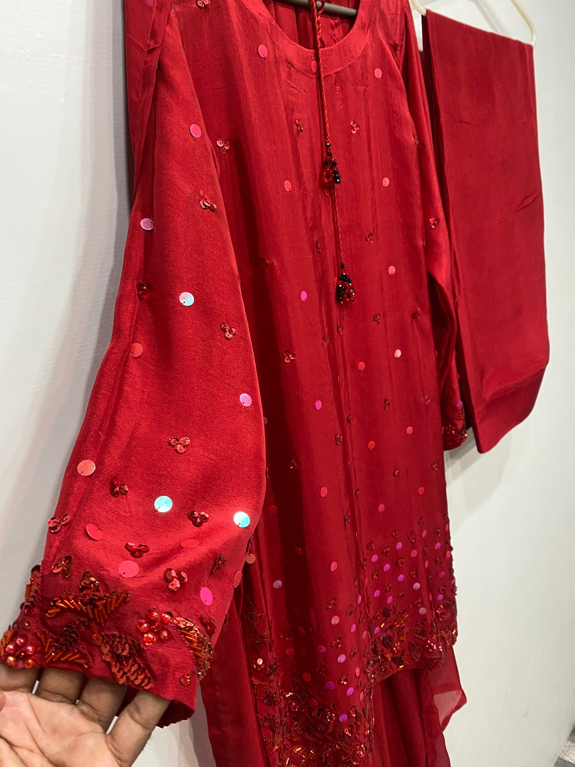 Ruby Red Pure Tussle Silk 3-Piece Ladies Suit – Hand-Embellished Shirt, Farshi Shalwar & Handmade Silk Dupatta ChoiceFabrics
