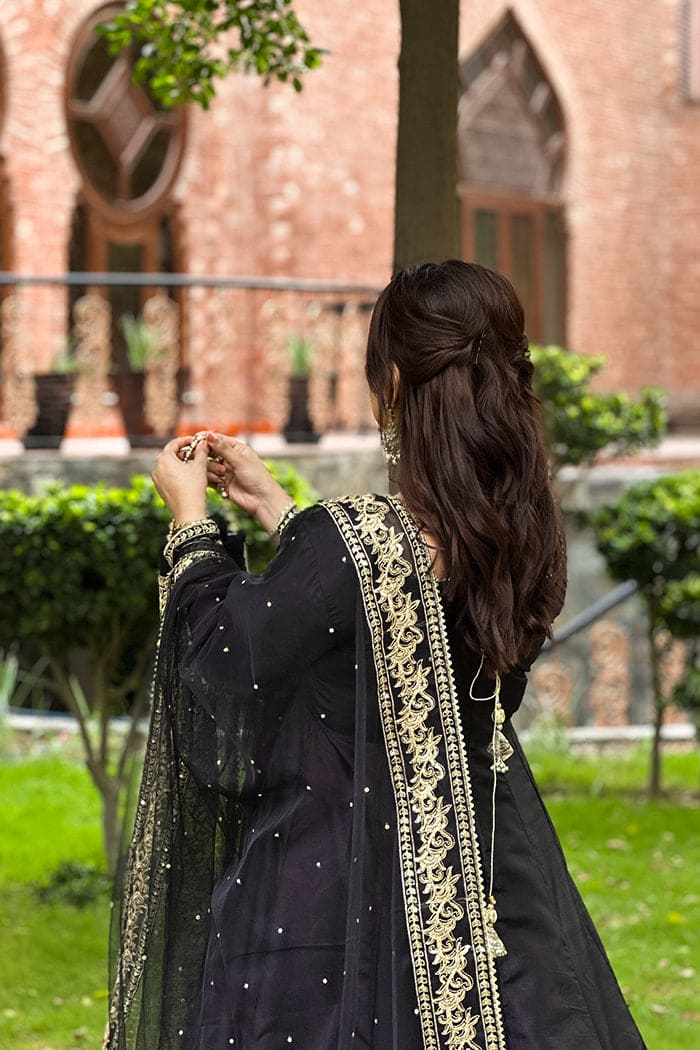 Luxury Black & Gold Embroidered Silk Kataan Suit |Maxi – Stitched 3 Piece Maxi Dress for Women - ChoiceFabrics