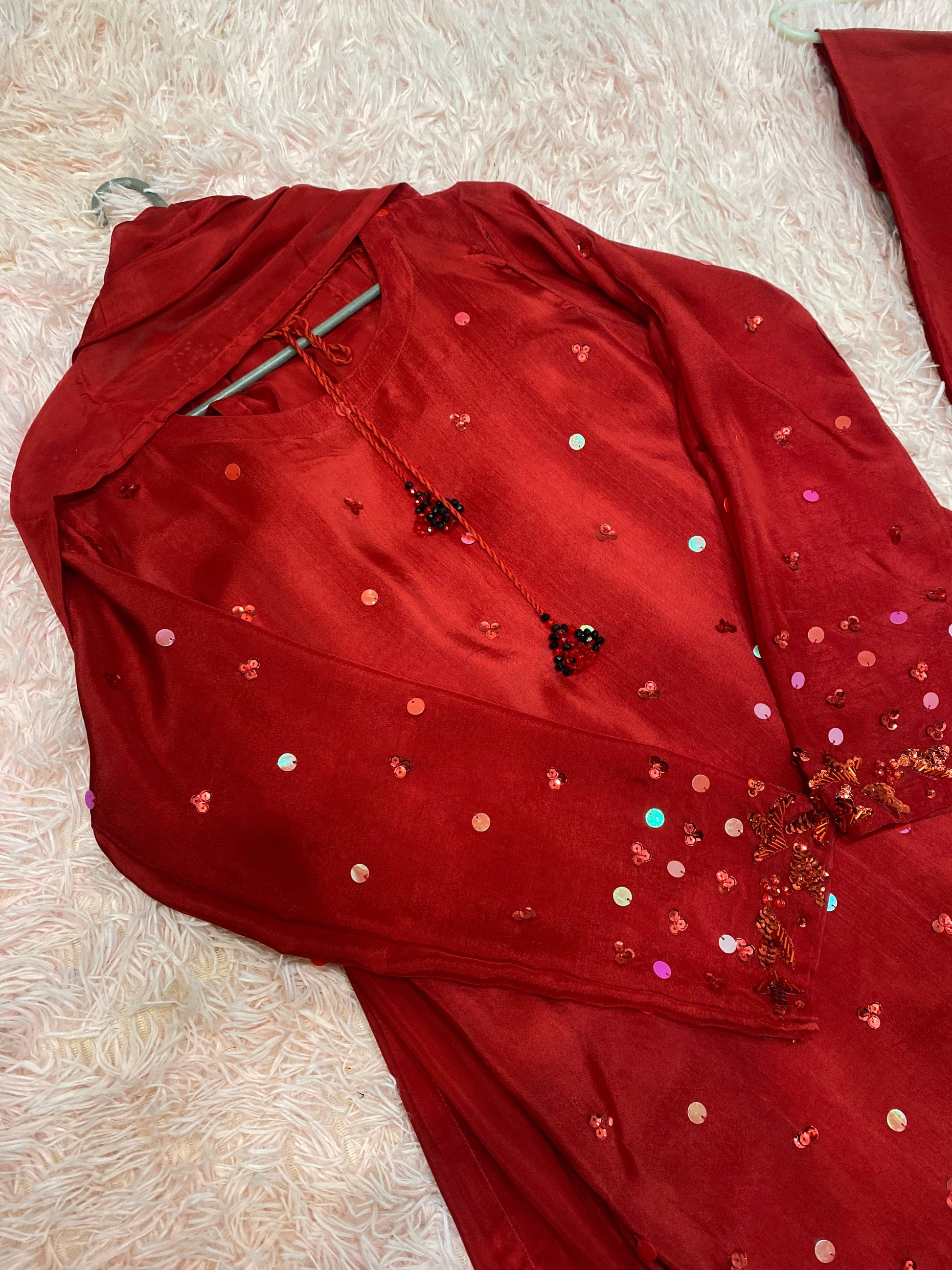 Ruby Red Pure Tussle Silk 3-Piece Ladies Suit – Hand-Embellished Shirt, Farshi Shalwar & Handmade Silk Dupatta ChoiceFabrics