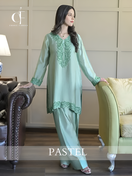 Pastel Mint Pure Tussle Silk 3‑Piece – Handmade Neck & Organza Dupatta ChoiceFabrics