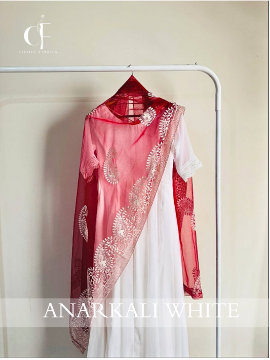 Anarkali White Shfoon Dress – Maxi, Dupatta & Gharara | Designer Anarkali Dress ChoiceFabrics